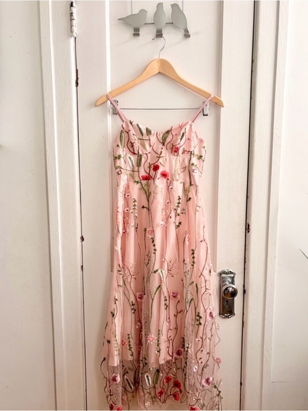 Cider Spaghetti Strap Pink Midi Dress with Embroidered Floral Overlay